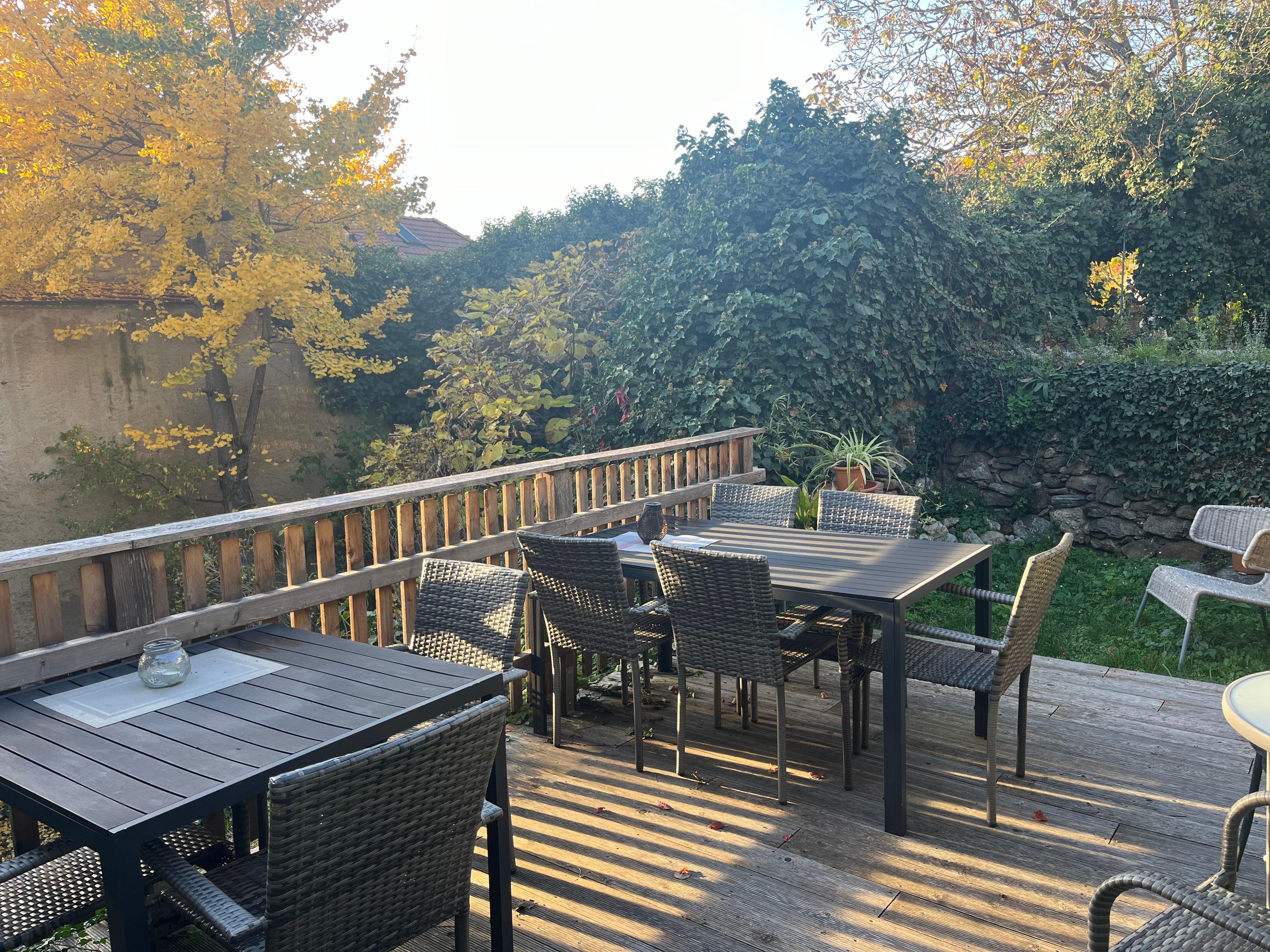 Terrace with wooden tables and chairs, surrounded by autumnal trees and plants.