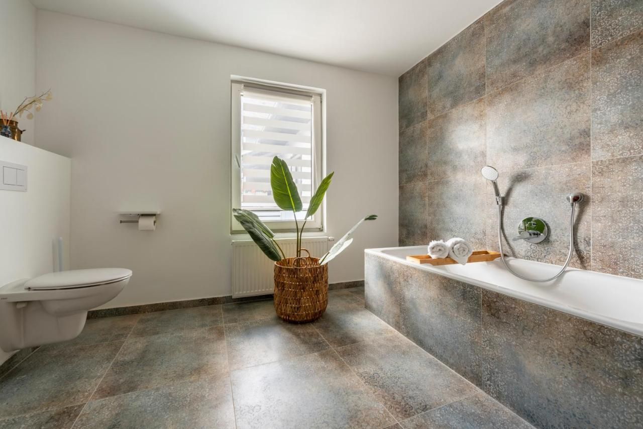 Modern bathroom with bathtub, plant and window.