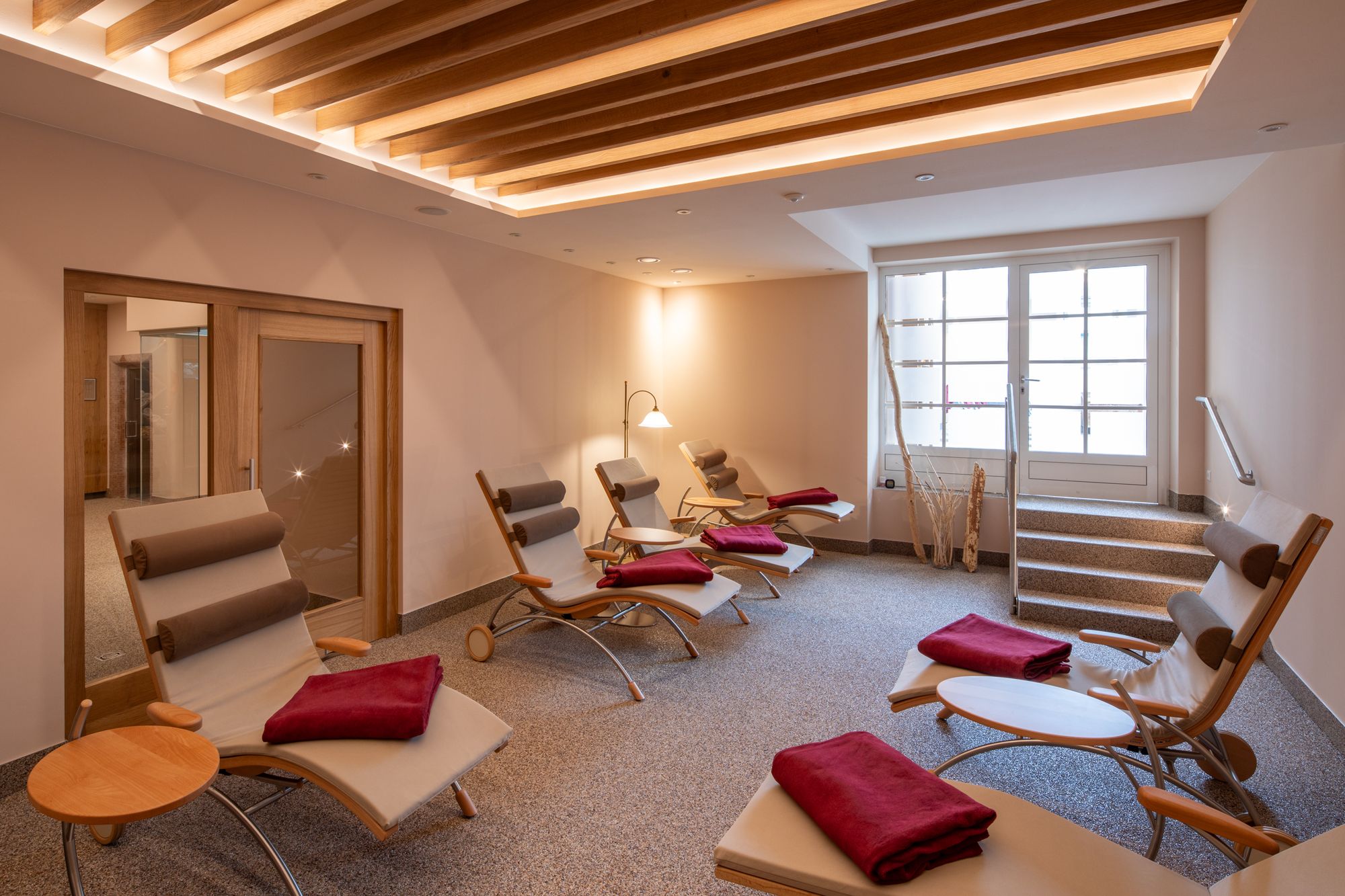 Modern relaxation room with comfort loungers invite you to relax