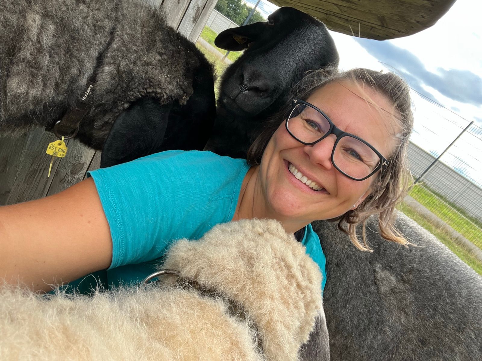 Woman with glasses smiles and poses with several sheep.