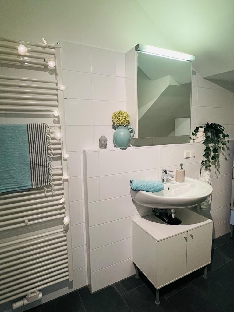 Modern bathroom with washbasin, mirror, towel rail and decorations.