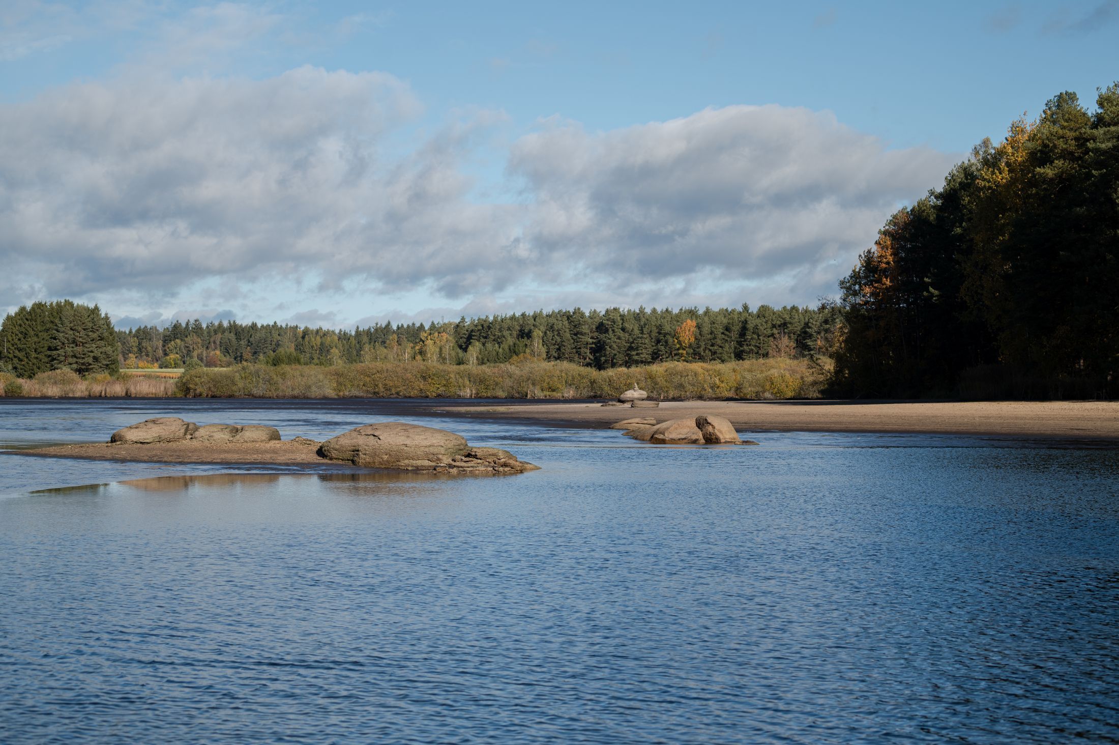 A pond with a low water level, surrounded by forest and clouds in the sky.