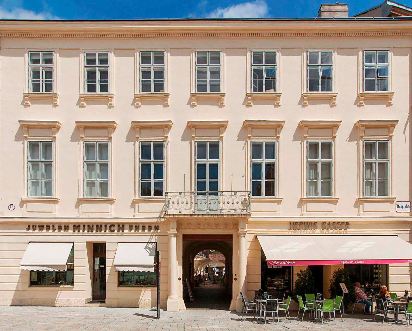 Historic building with stores and café in Baden.