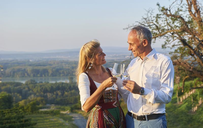 A couple clink glasses in a vineyard with a picturesque landscape in the background.