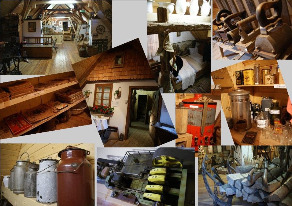 Collage of objects in a local history museum, including old household items, tools and furniture.