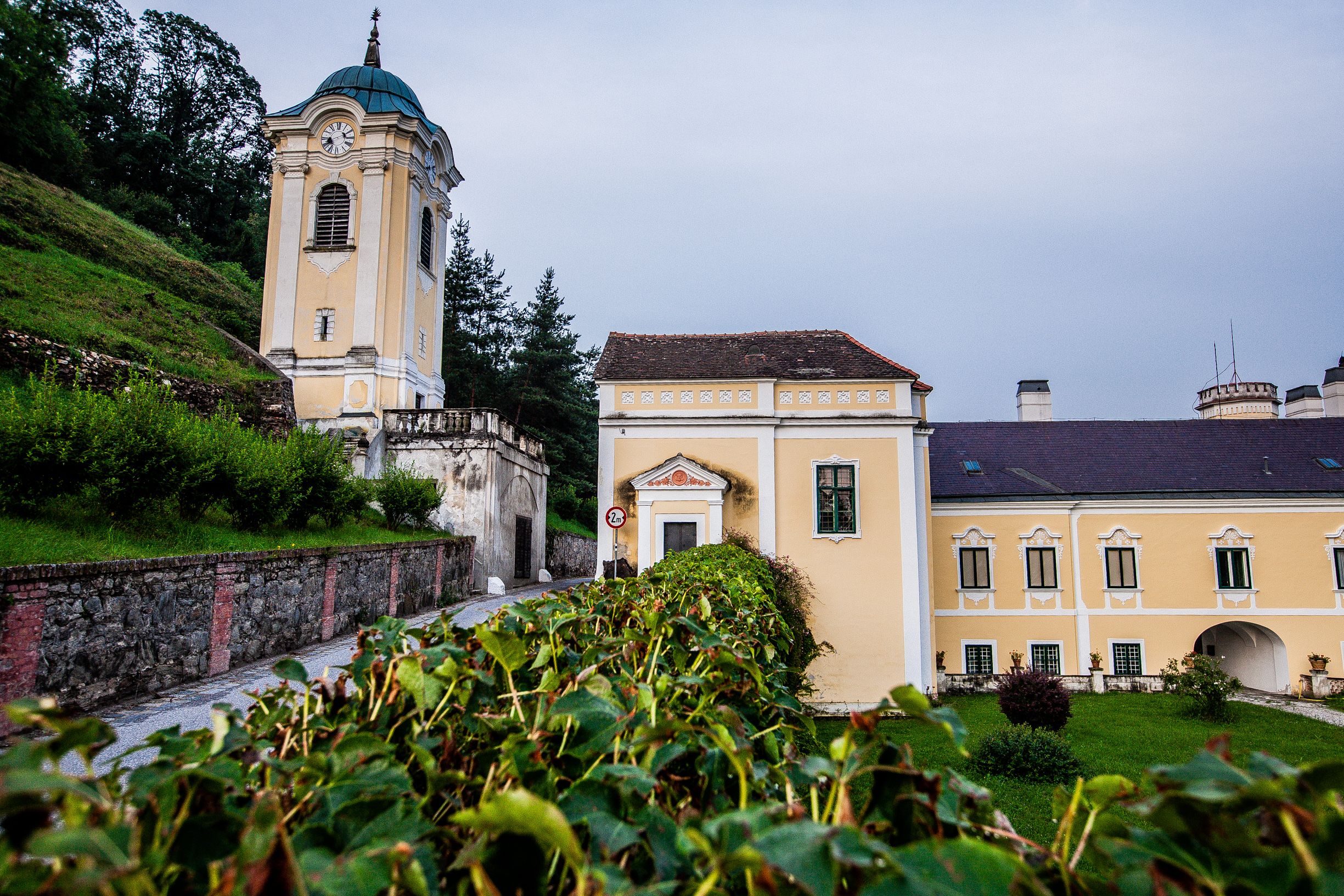 Castle with tower in Bad Erlach, a road leads through it, surrounded by green countryside.