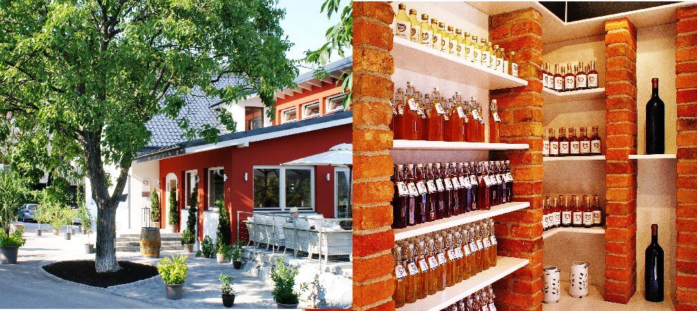 Exterior view of a red building with terrace and tree, next to it a shelf with bottles in an interior room.
