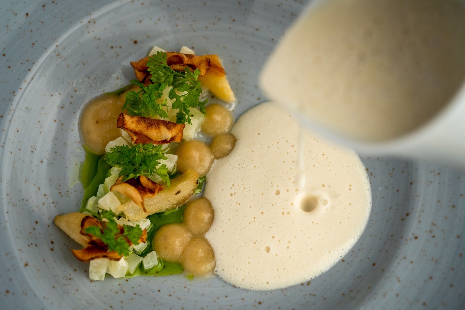 Gourmet dish with foam and vegetables on a plate.