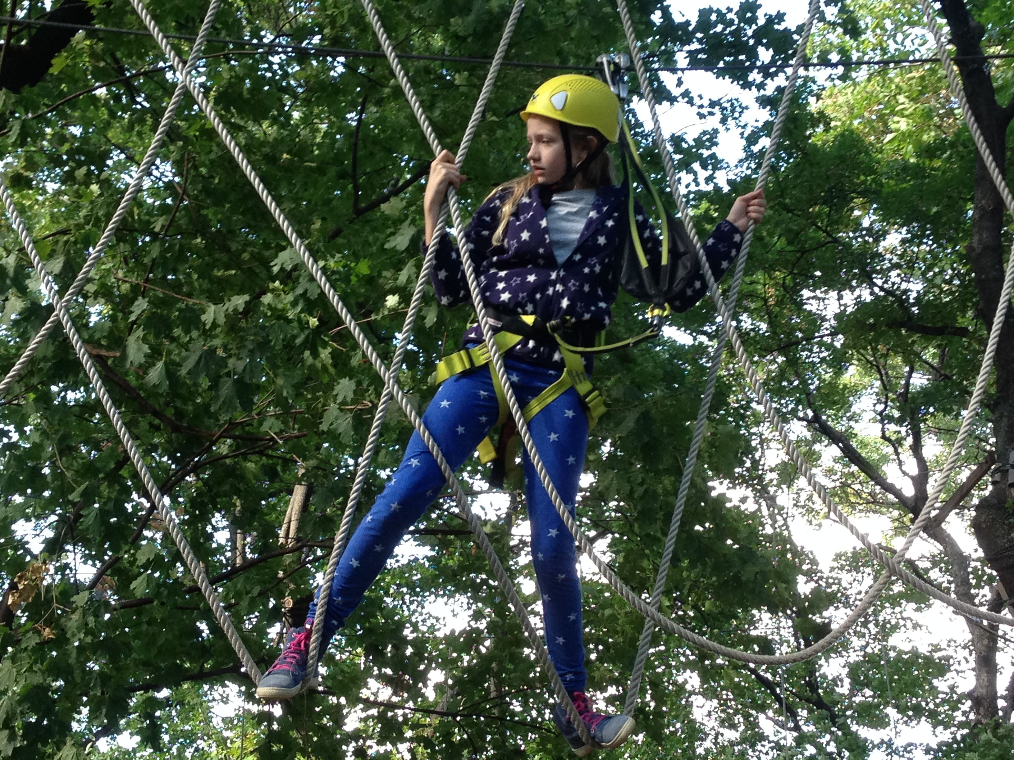 Child climbing high ropes in a climbing park surrounded by trees.