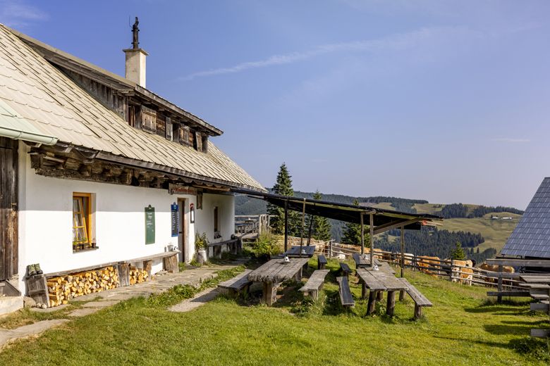 Traditional mountain hut with wooden tables and benches outside, surrounded by green meadows and wooded hills under a blue sky.