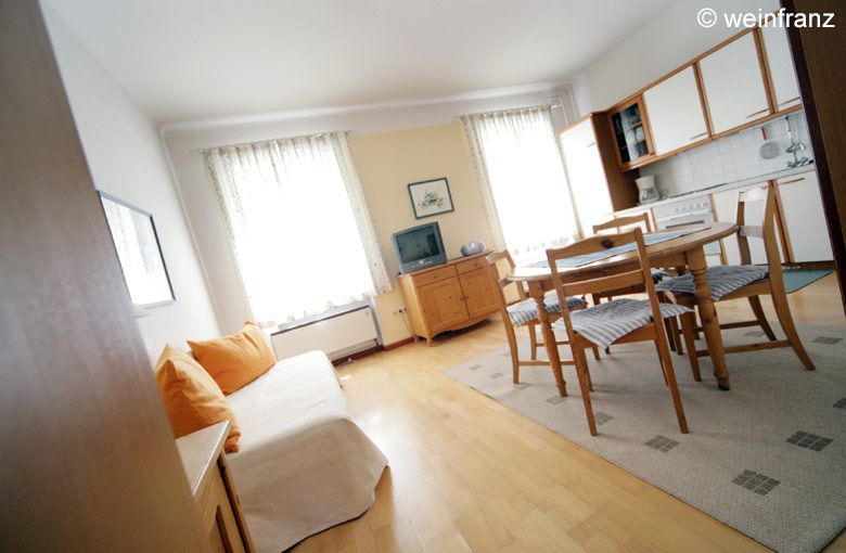 Bright living room with sofa, dining table and kitchenette.