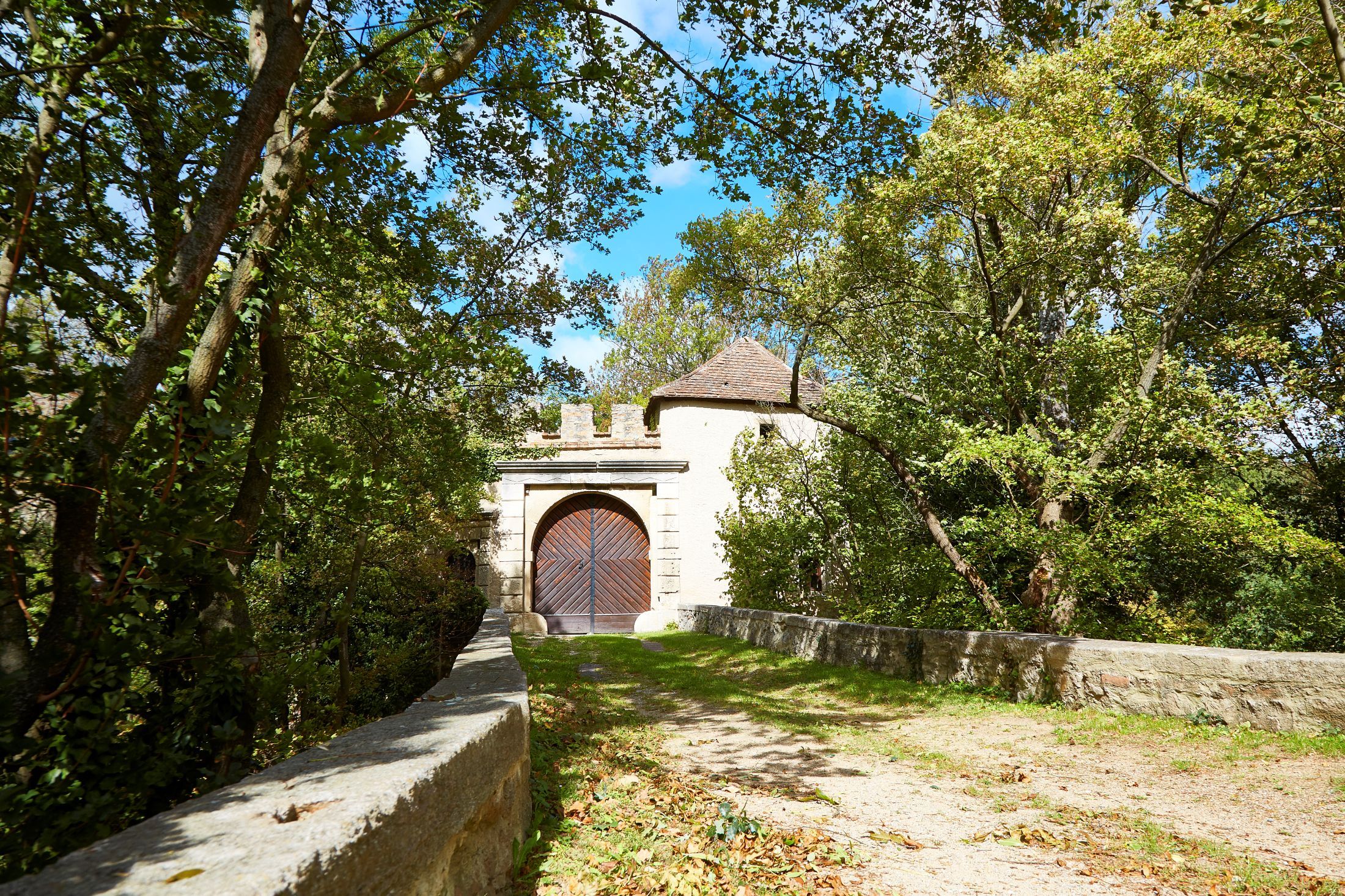 Entrance gate to a castle, surrounded by trees and a path.