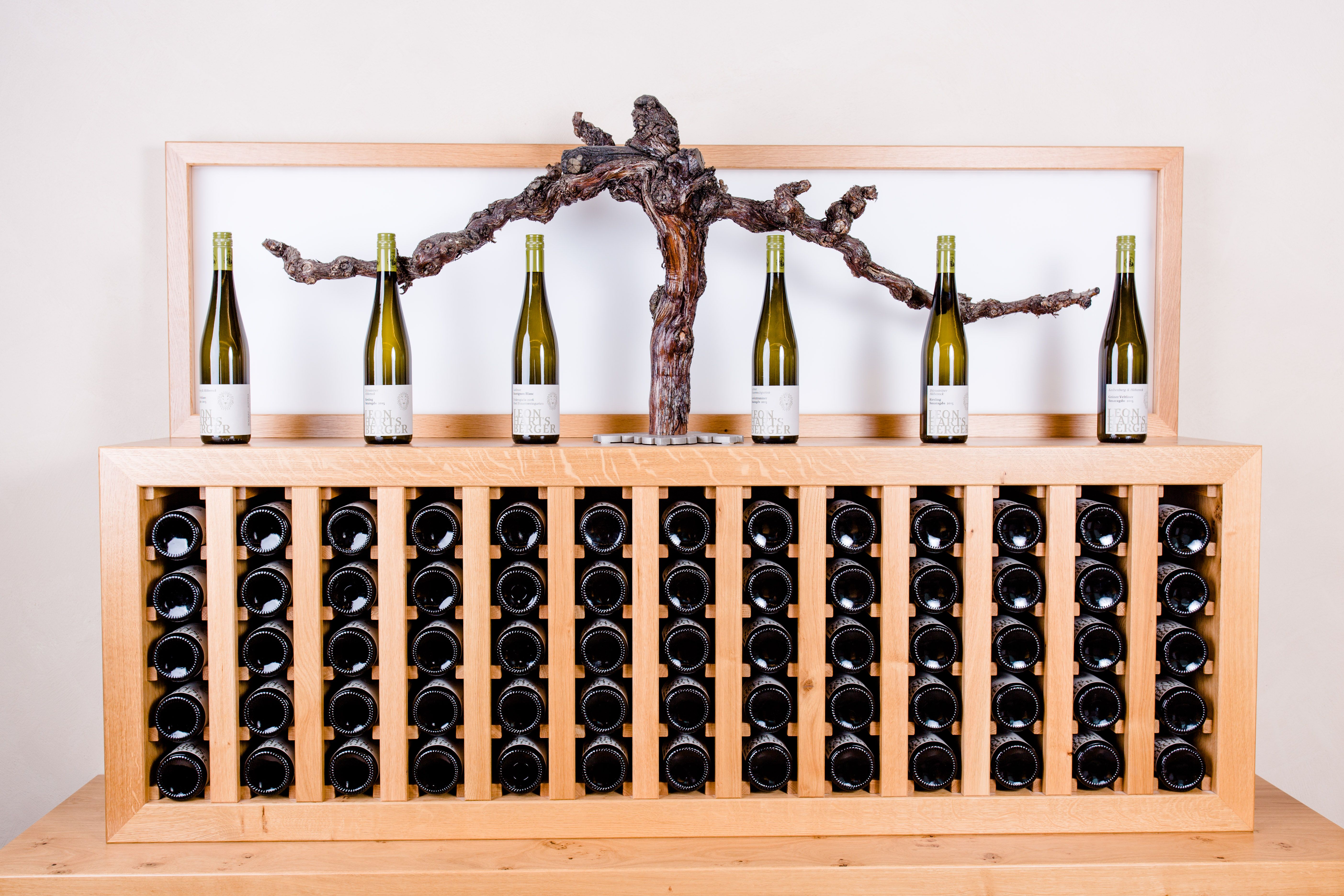 Wine bottles on a wooden shelf with grapevine decoration.
