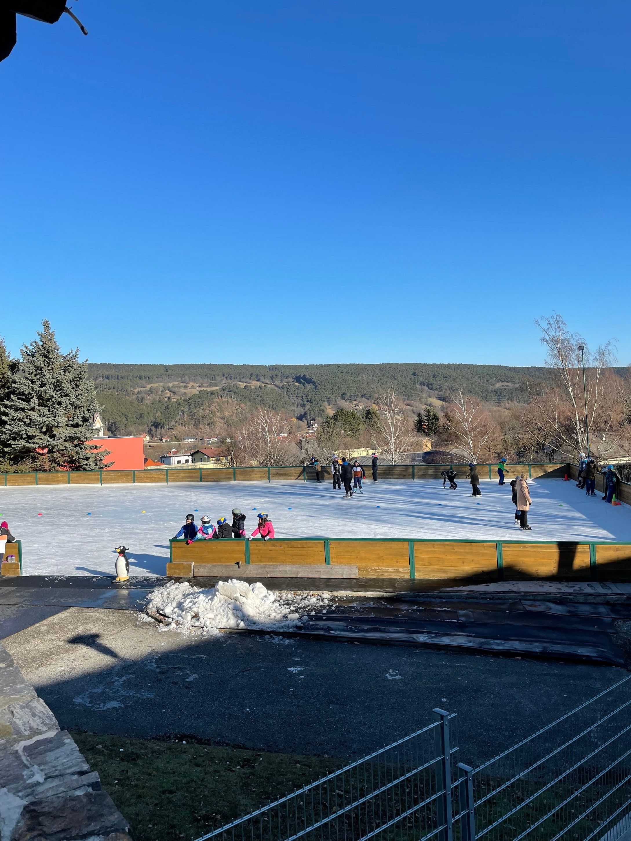 Ice rink with people, surrounded by trees and hills under a blue sky.