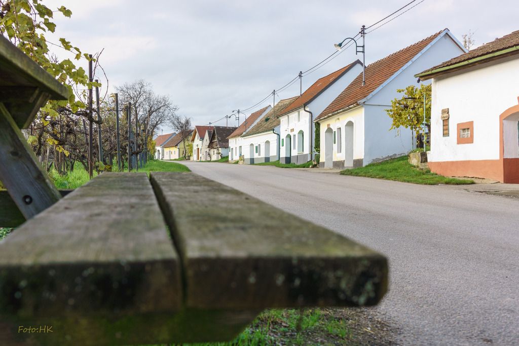 Wine cellar lane in Niederschleinz with wine cellars and a bench in the foreground.