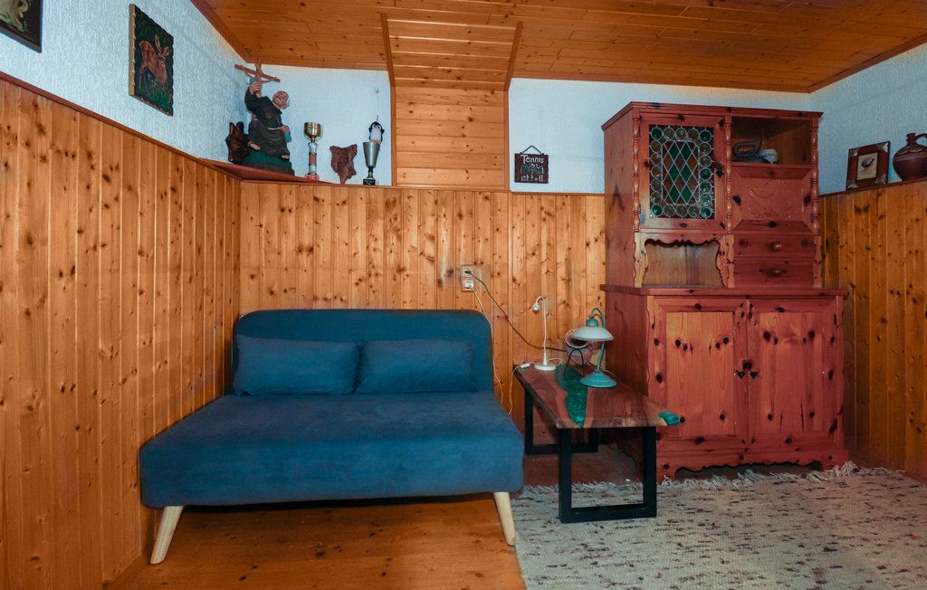 Cozy room with wooden walls, a blue sofa, a wooden table and a rustic wardrobe.