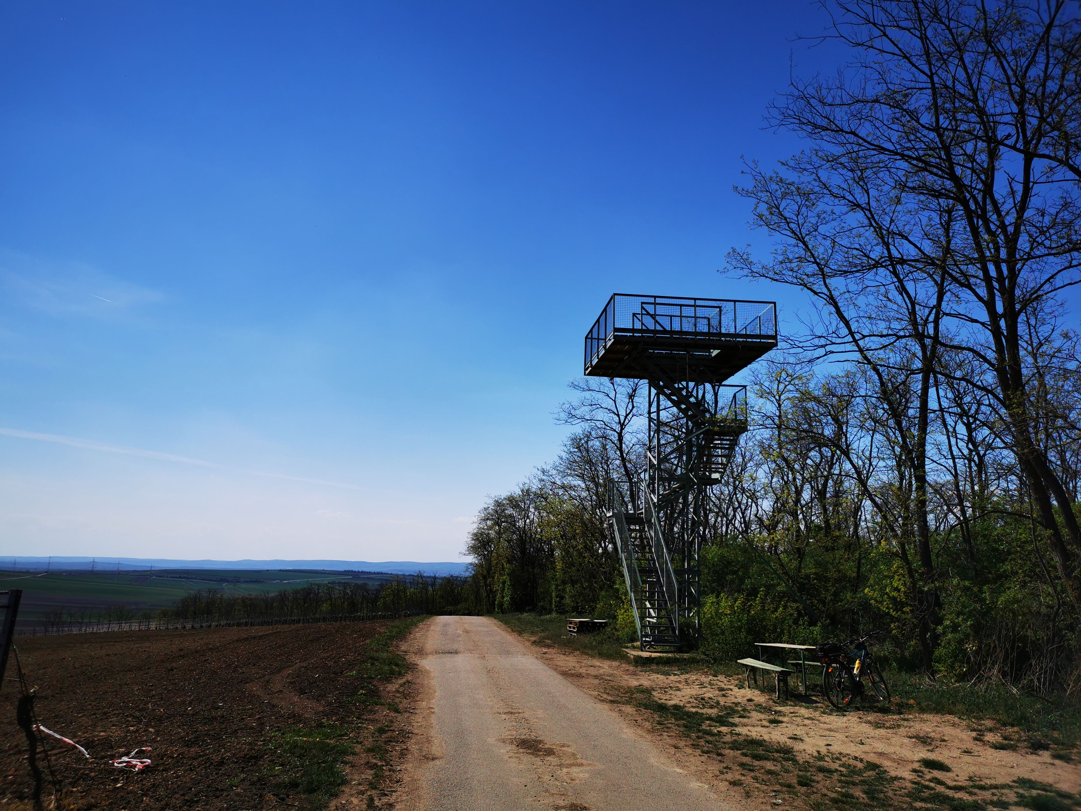 Heidbergwarte observation tower in Alberndorf next to a path with trees and a bicycle.