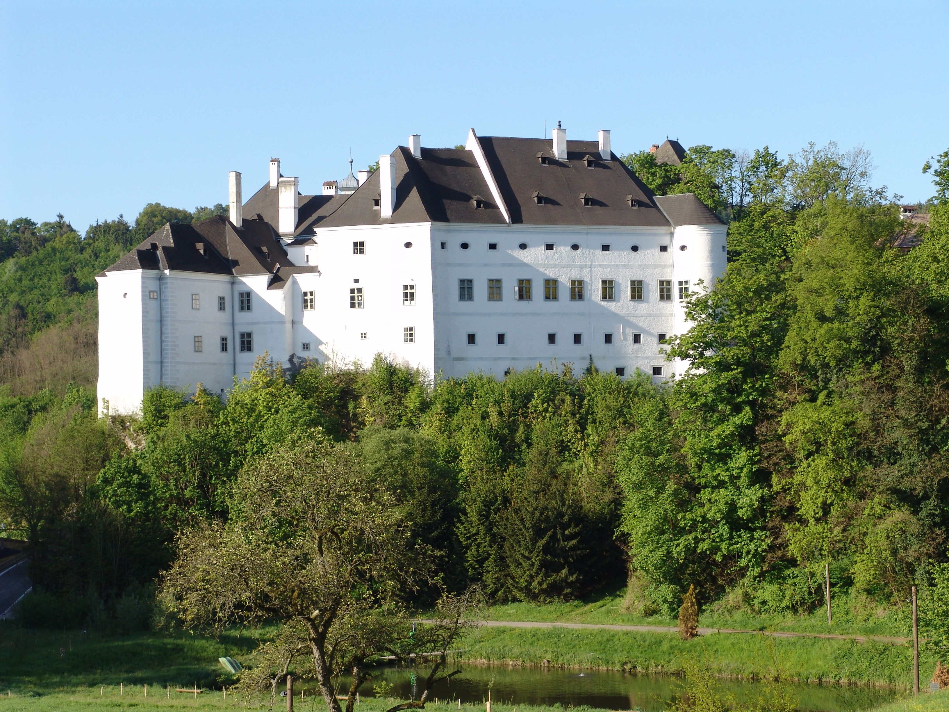 Europaschloss Leiben, a white castle surrounded by trees and nature.