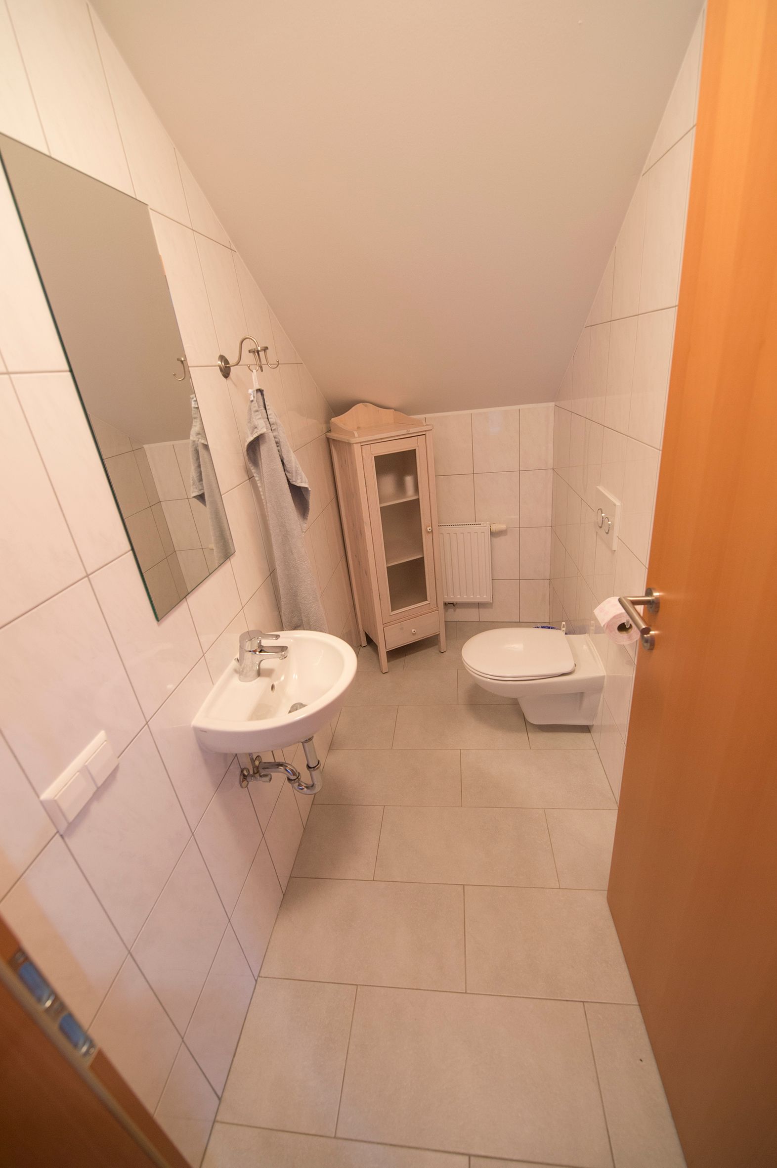 Small bathroom with toilet, small washbasin and shower.