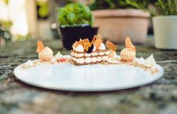 Süßspeise auf einem weißen Teller kunstvoll angerichtet.