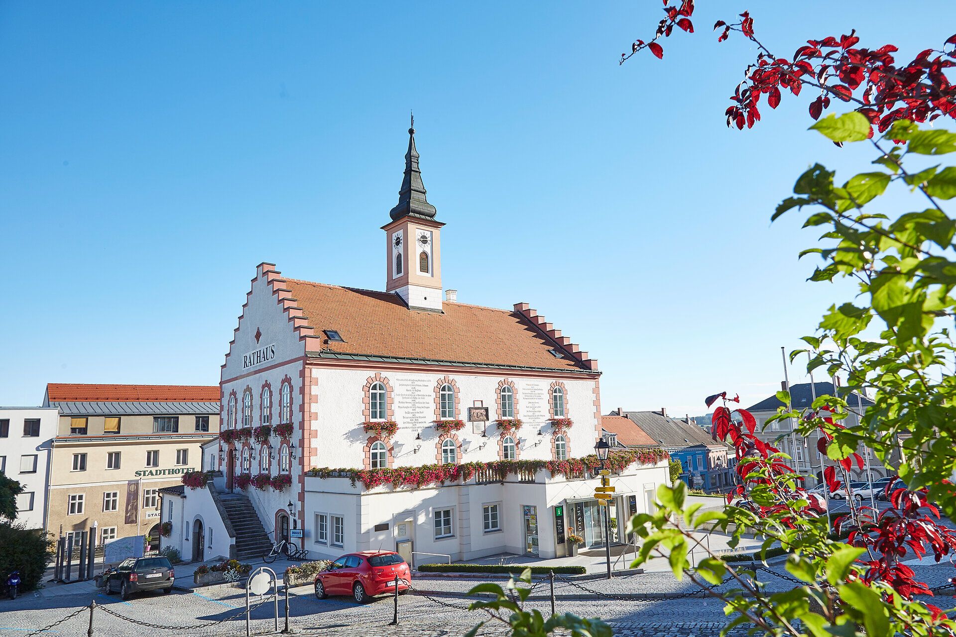 Waidhofen an der Thaya town hall with flowering plants in the foreground.