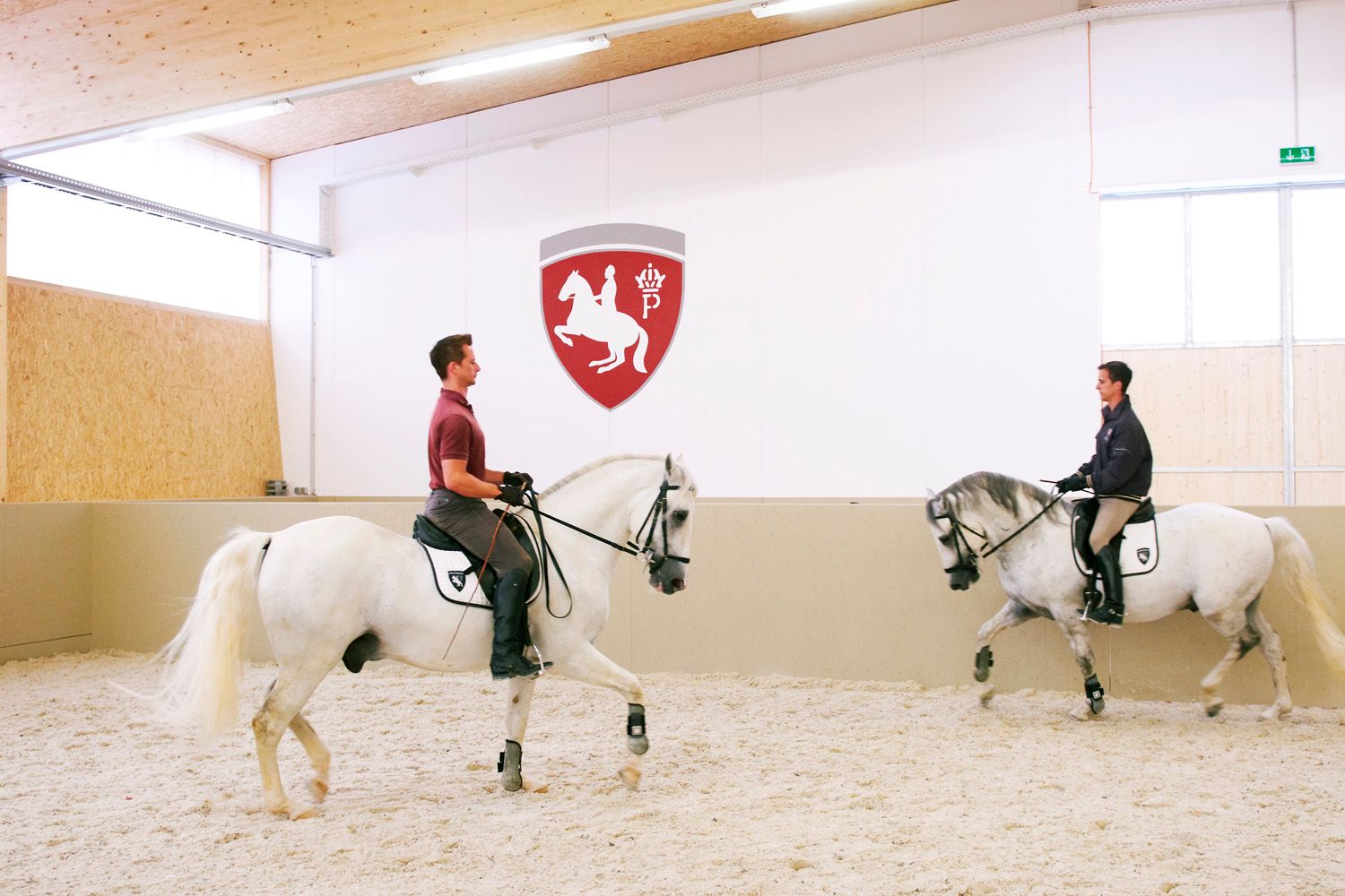 Two riders on Lipizzan horses in a riding hall with a coat of arms on the wall.