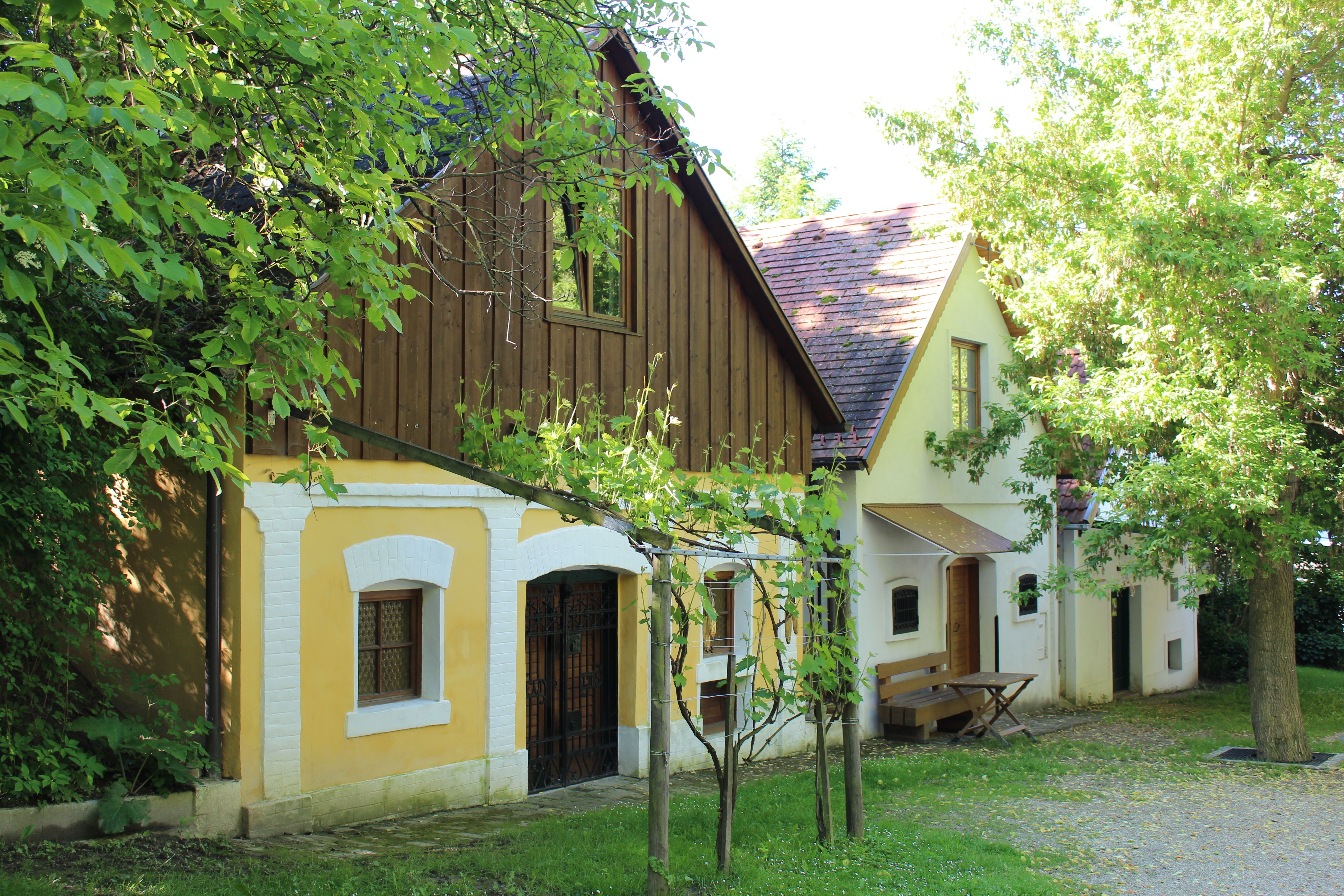 Traditional wine cellars in the wine cellar lane of Wolkersdorf, surrounded by green trees and vines.