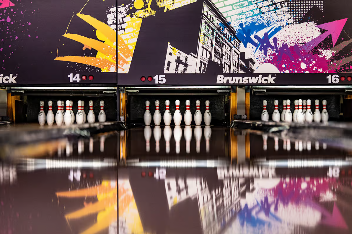 Brunswick bowling alley with skittles and colorful graffiti