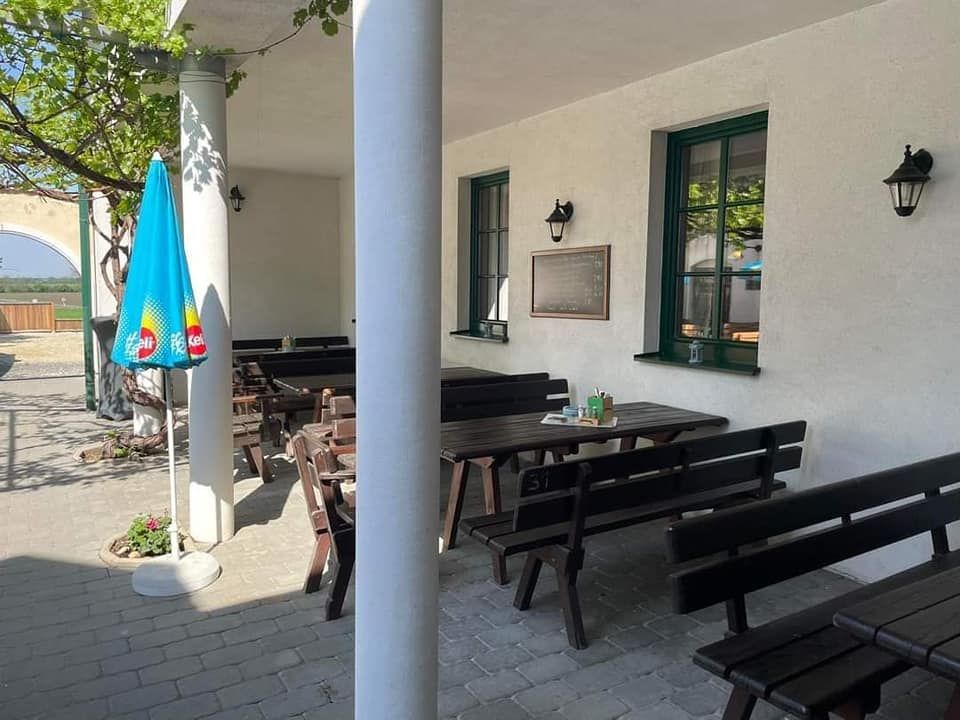 An empty guest garden with wooden benches and tables, a parasol and a white wall with windows.