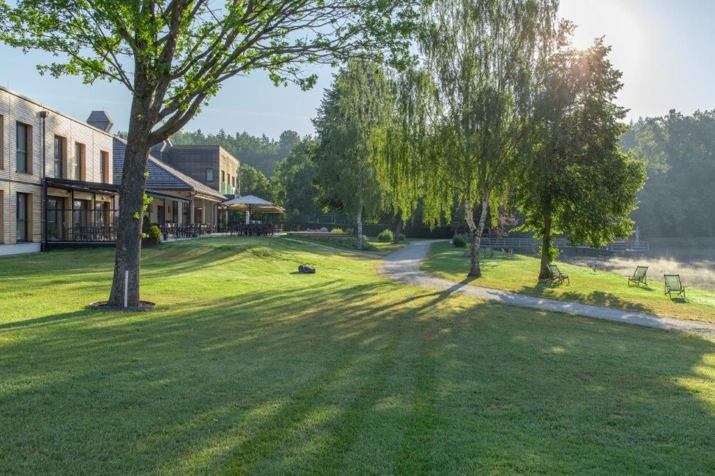 Green meadow with trees, buildings and deckchairs on the lakeshore in the sunlight.