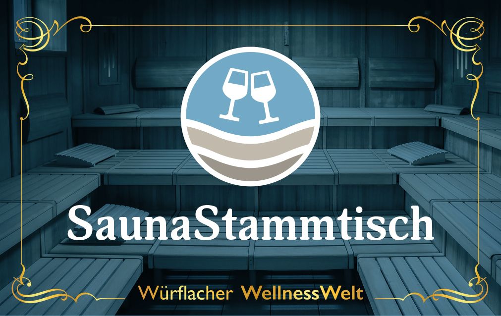 Logo of the SaunaStammtisch in a sauna with wooden benches.