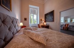 Aerial view of Horn Castle with red roof and clock tower, surrounded by trees and a town in the background.