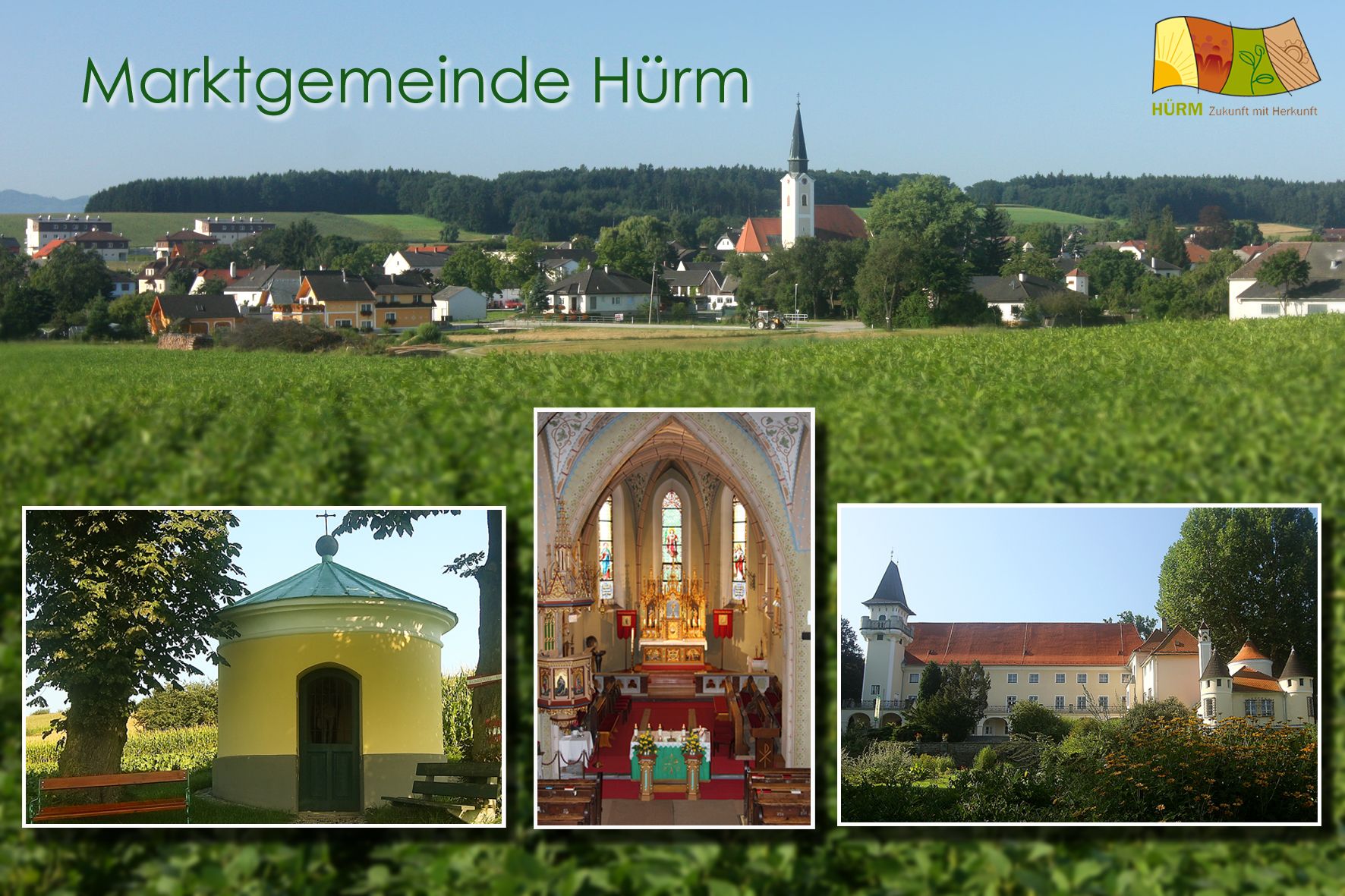 Panorama of the market town of Hürm with church and landscape, including three detailed images of the chapel, church interior and castle.