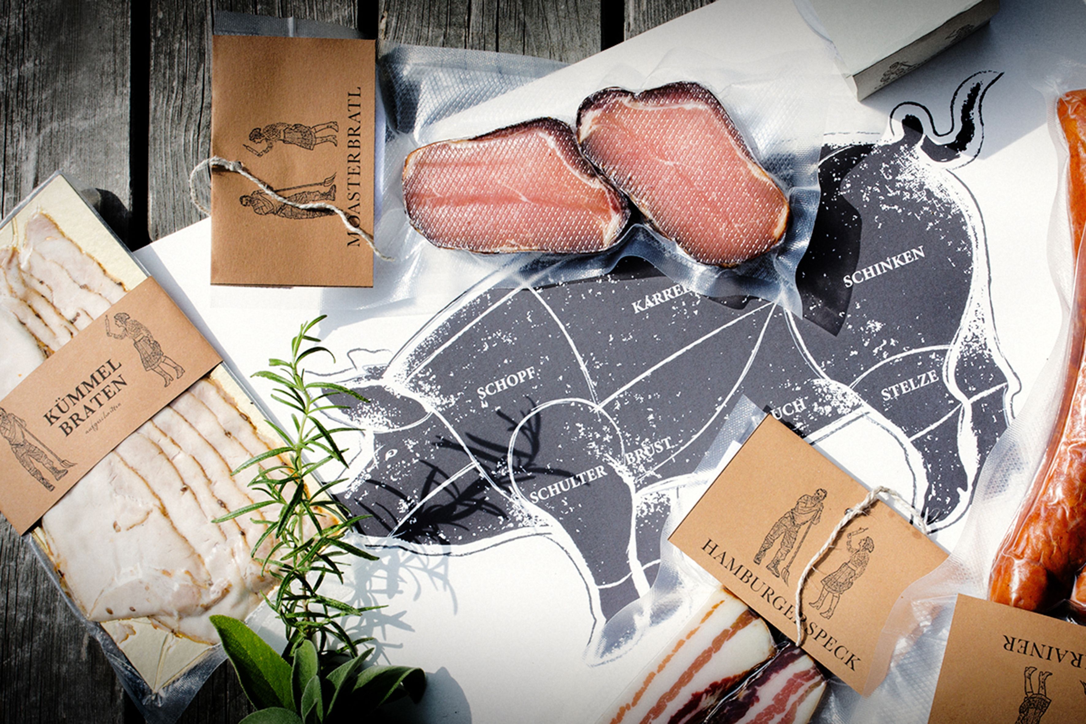 Various meat products with labels on a table, next to a cross-sectional diagram of pork.