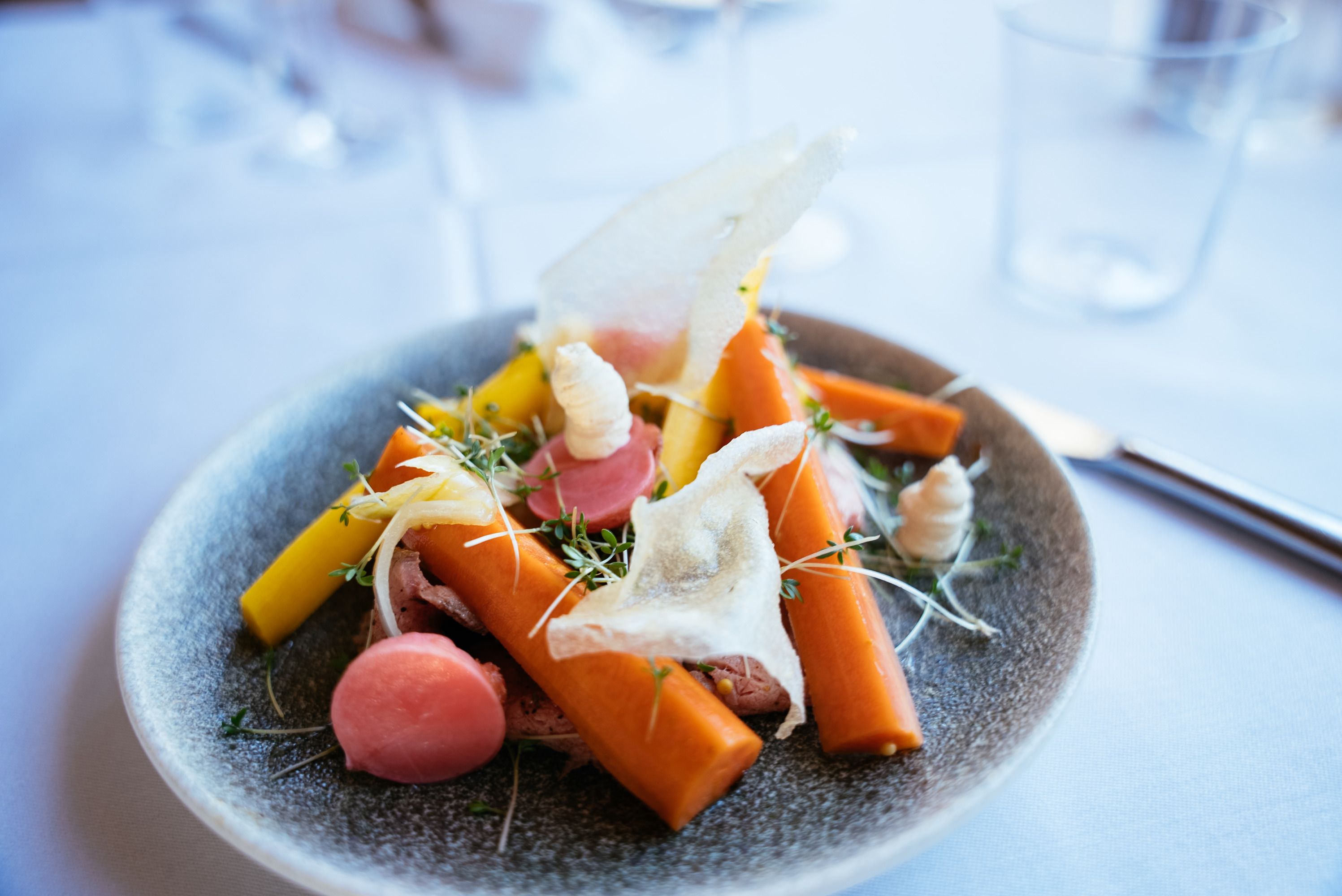 An artfully arranged dish with carrots, radishes and herbs on a gray plate.