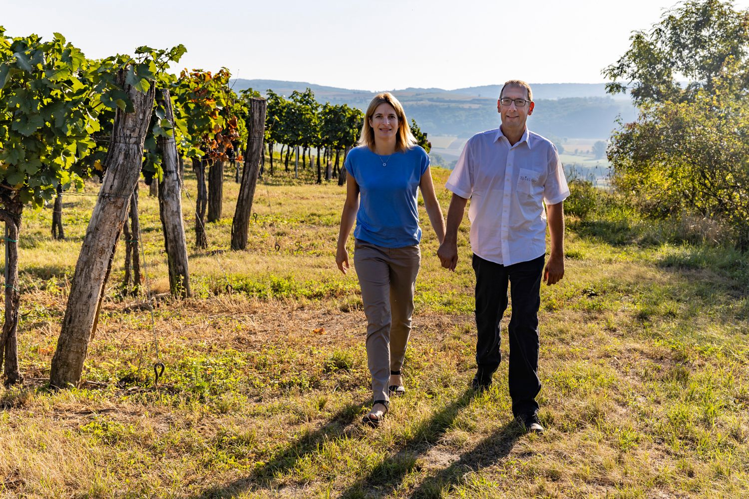 Man and woman walking in the vineyard holding hands