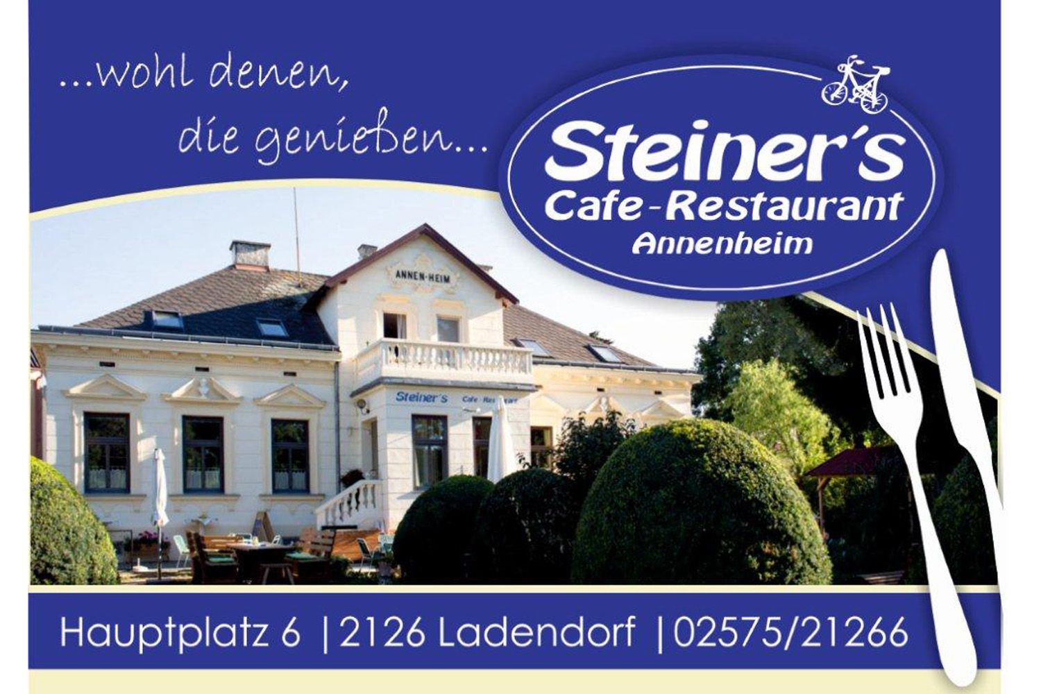 Advertisement for Steiner's Cafe-Restaurant Annenheim with picture of the building and address.