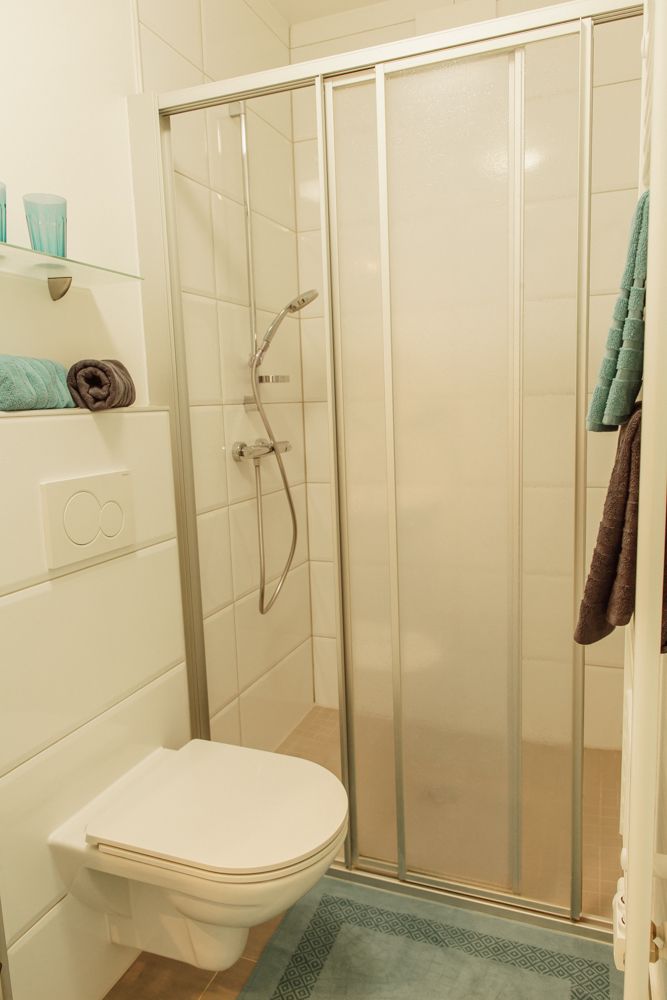 Small bathroom with shower, toilet and towels.