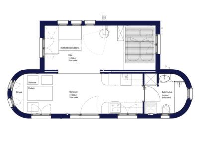 Floor plan of an oval modular house with kitchen, bathroom, living and sleeping area.