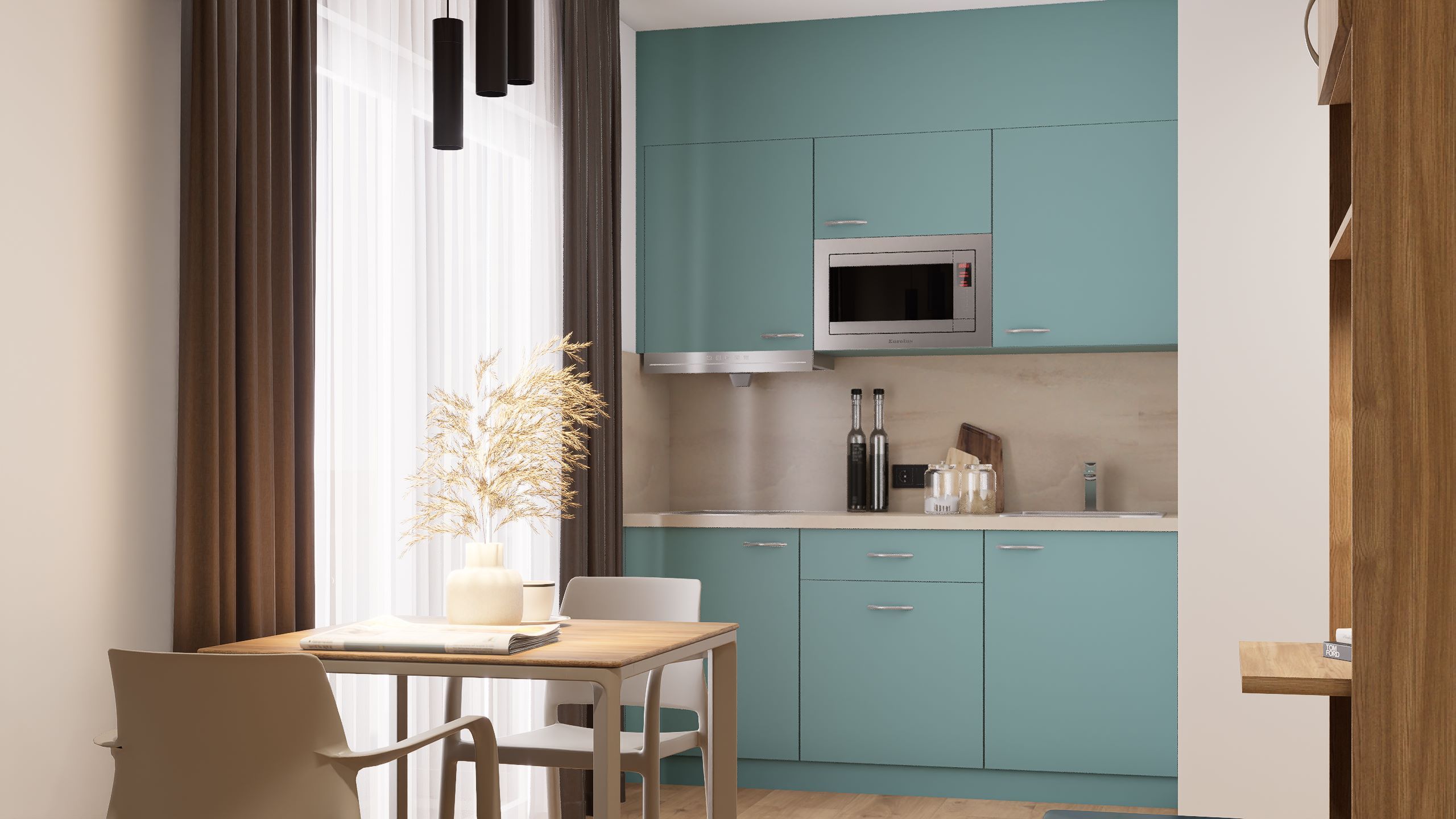 Modern kitchen with turquoise cabinets, a wooden table and chairs. A window with curtains lets in natural light.