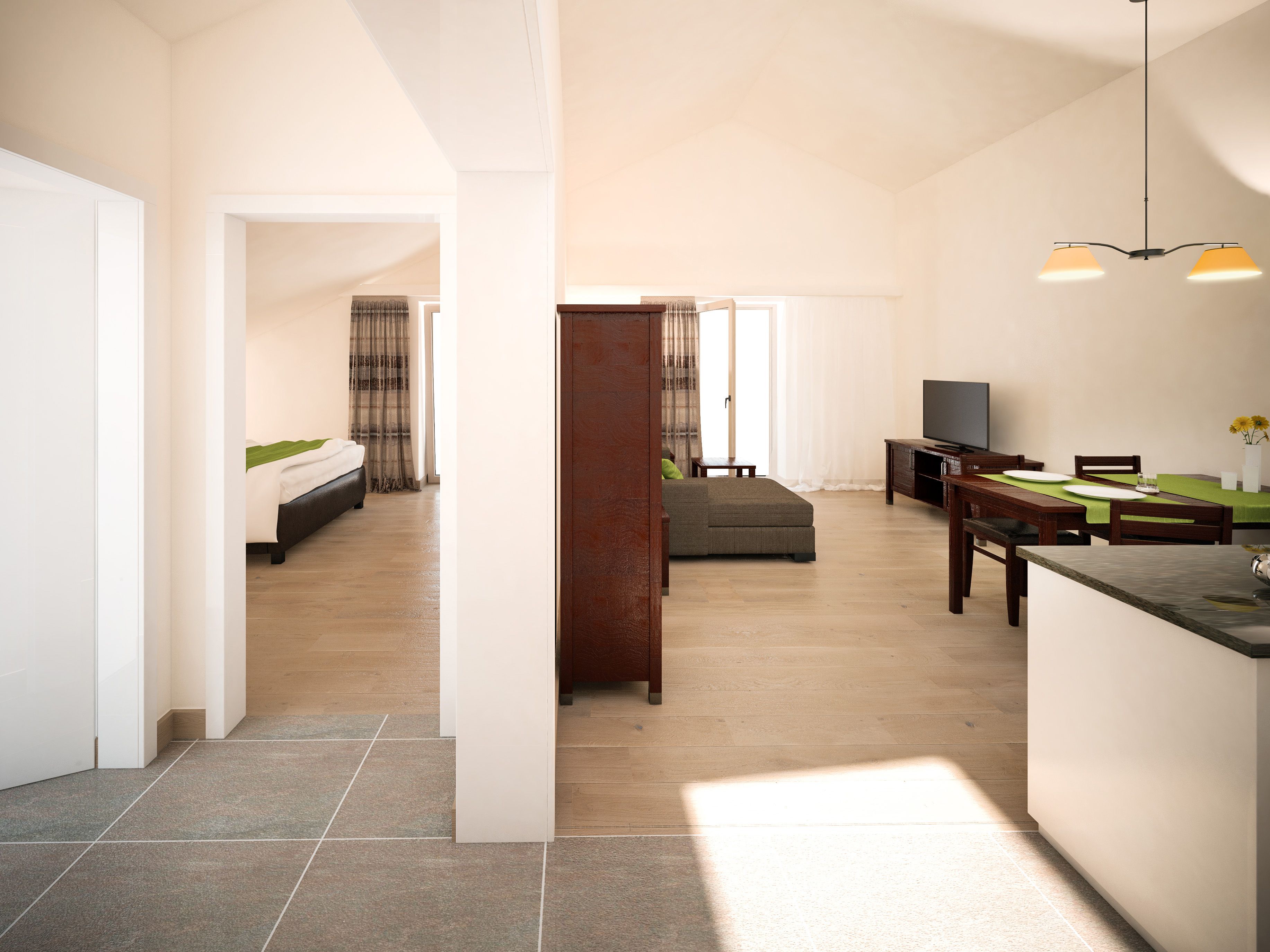Interior view of a modern apartment with living room, dining area and bedroom.