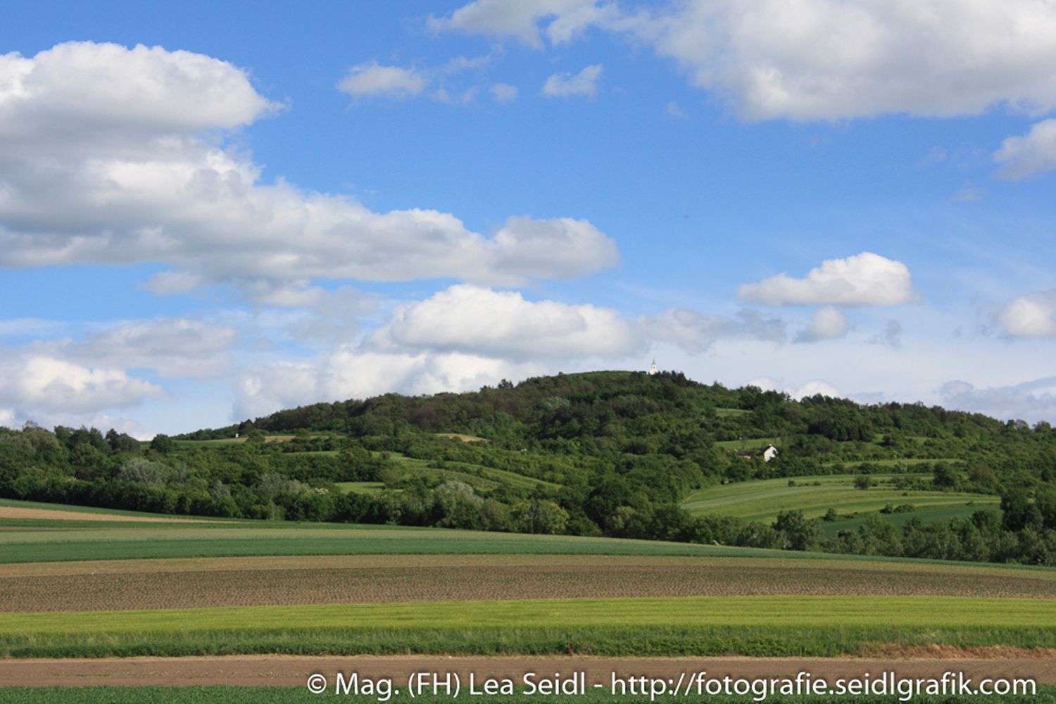 Landscape with hills and fields under a blue sky with clouds.