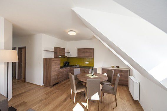 Modern apartment with wooden floor, dining table and kitchenette.