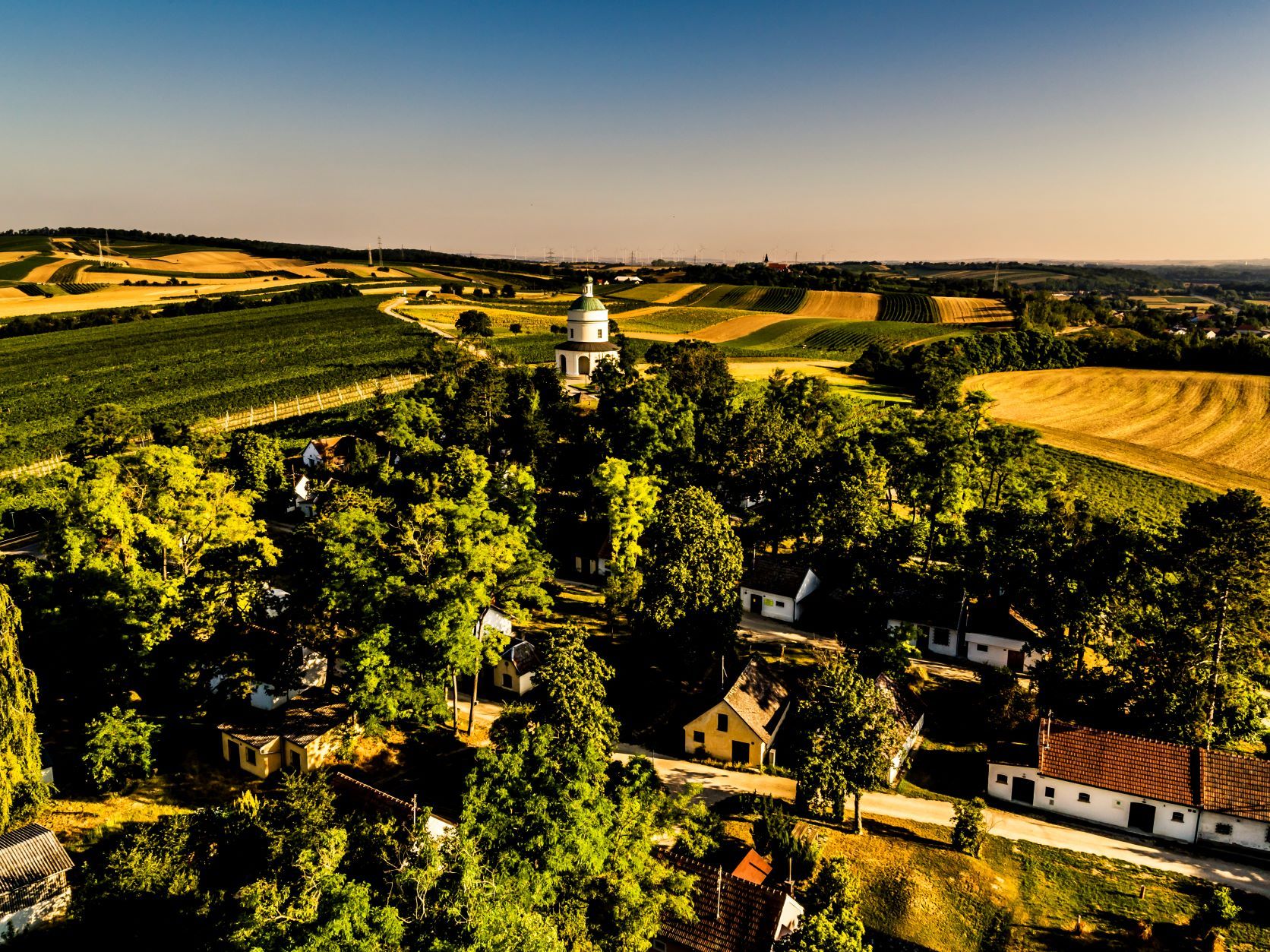 Landscape with fields, trees and a small church in the middle.