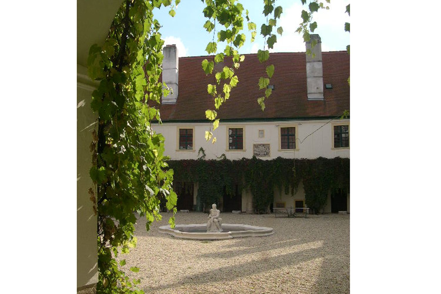 Inner courtyard of Loosdorf Castle with fountain and ivy on the walls.