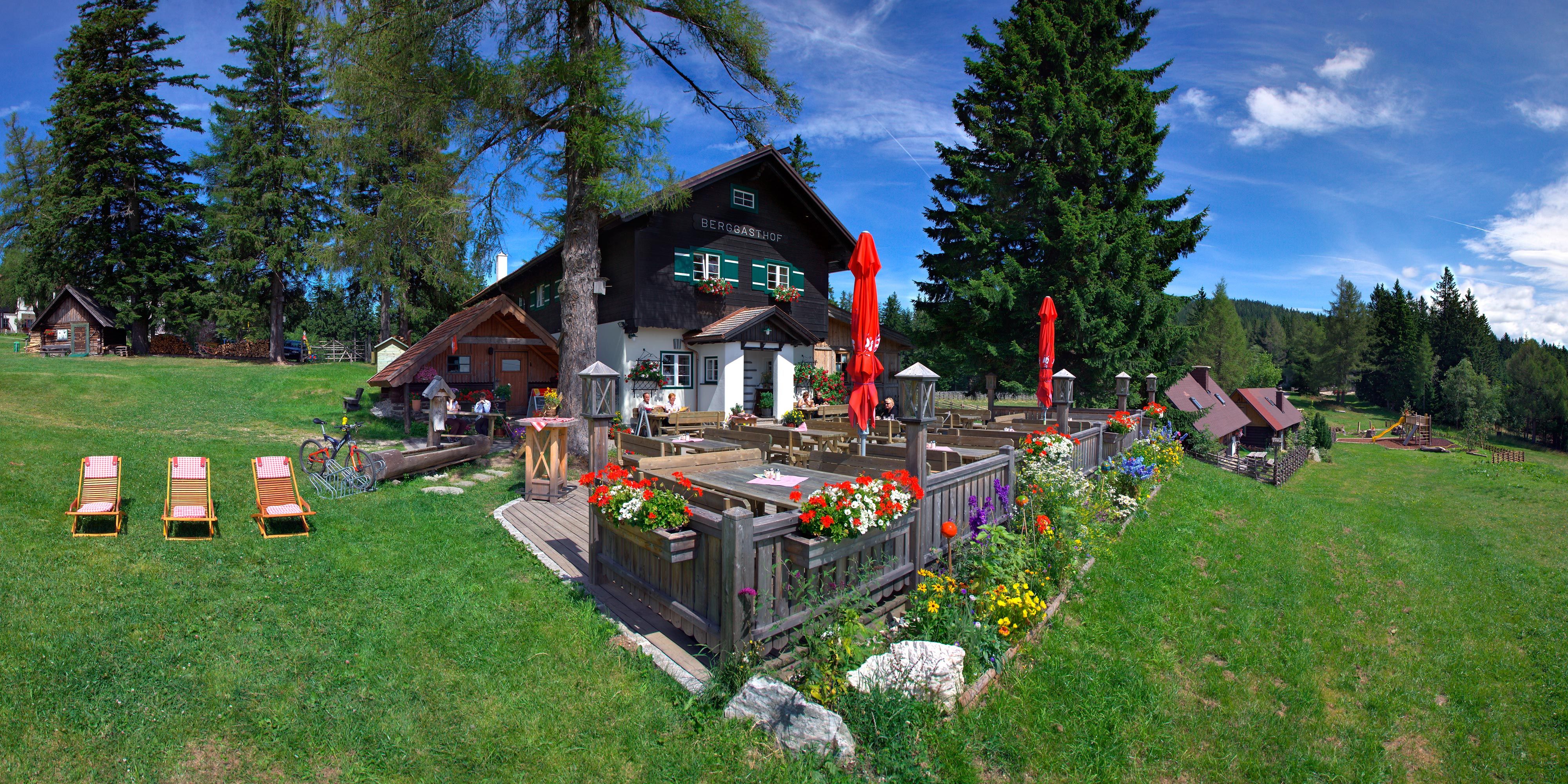 A mountain inn with a terrace, flowers and deckchairs on a green meadow, surrounded by trees and a clear blue sky.