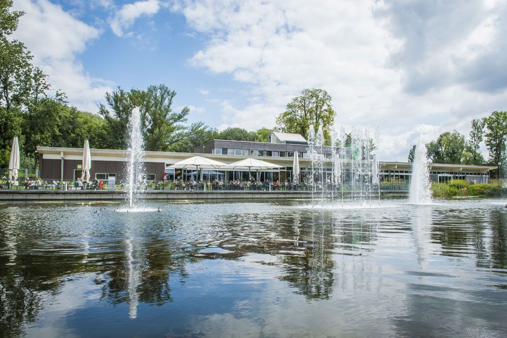 Fountains come out of the water lily pond directly in front of the restaurant