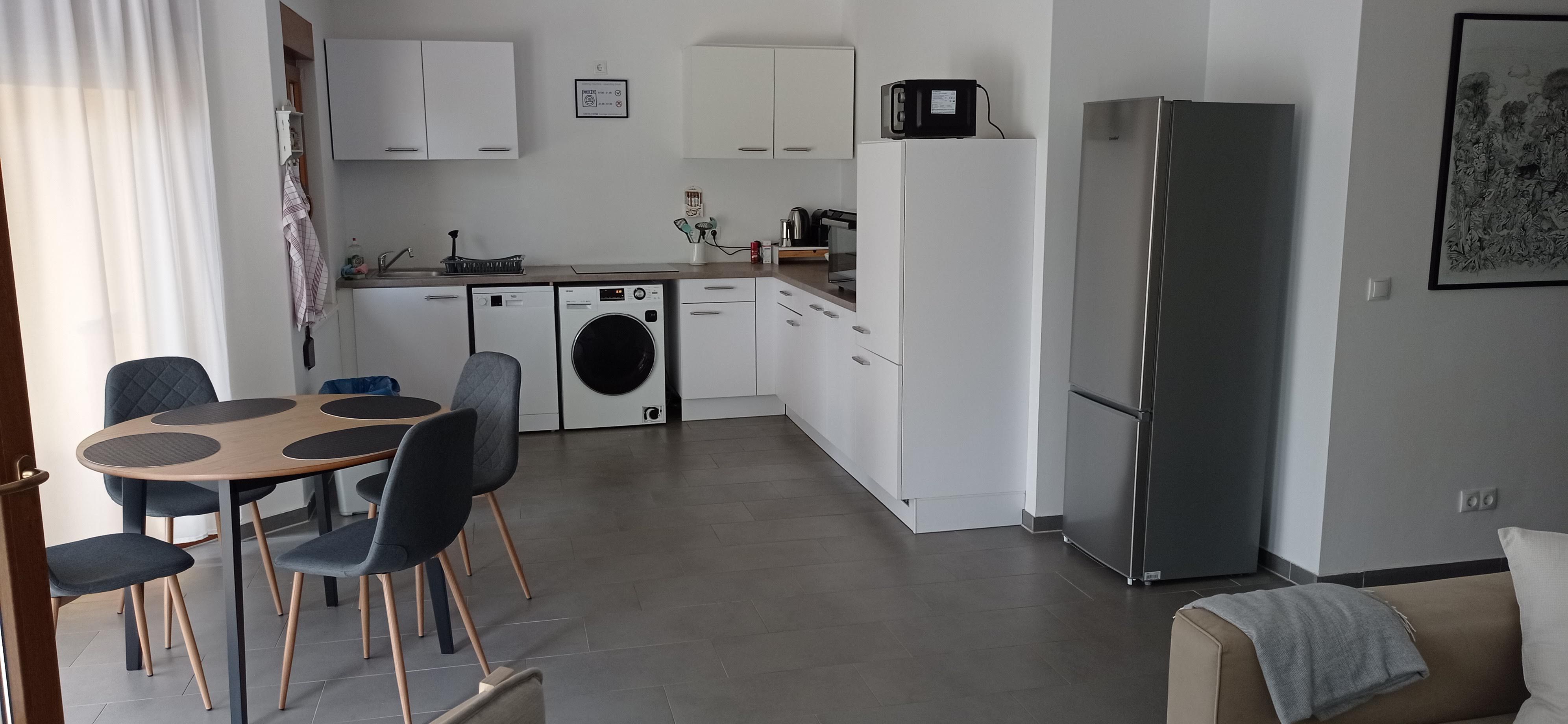 Kitchen-cum-living room with washing machine and dining table 