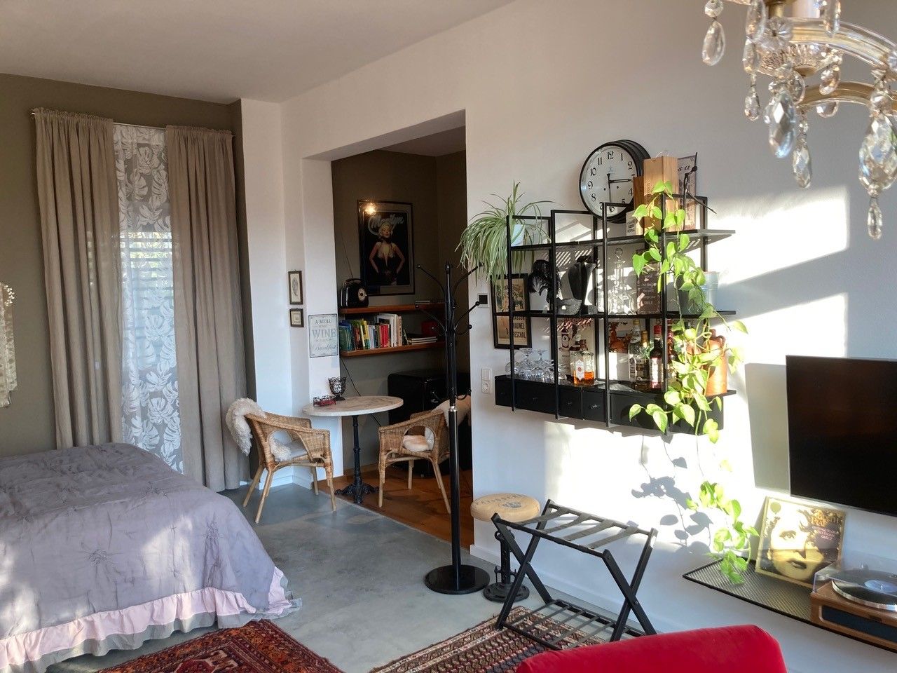 Cozy living room with bed, shelf, plants and wall decoration.
