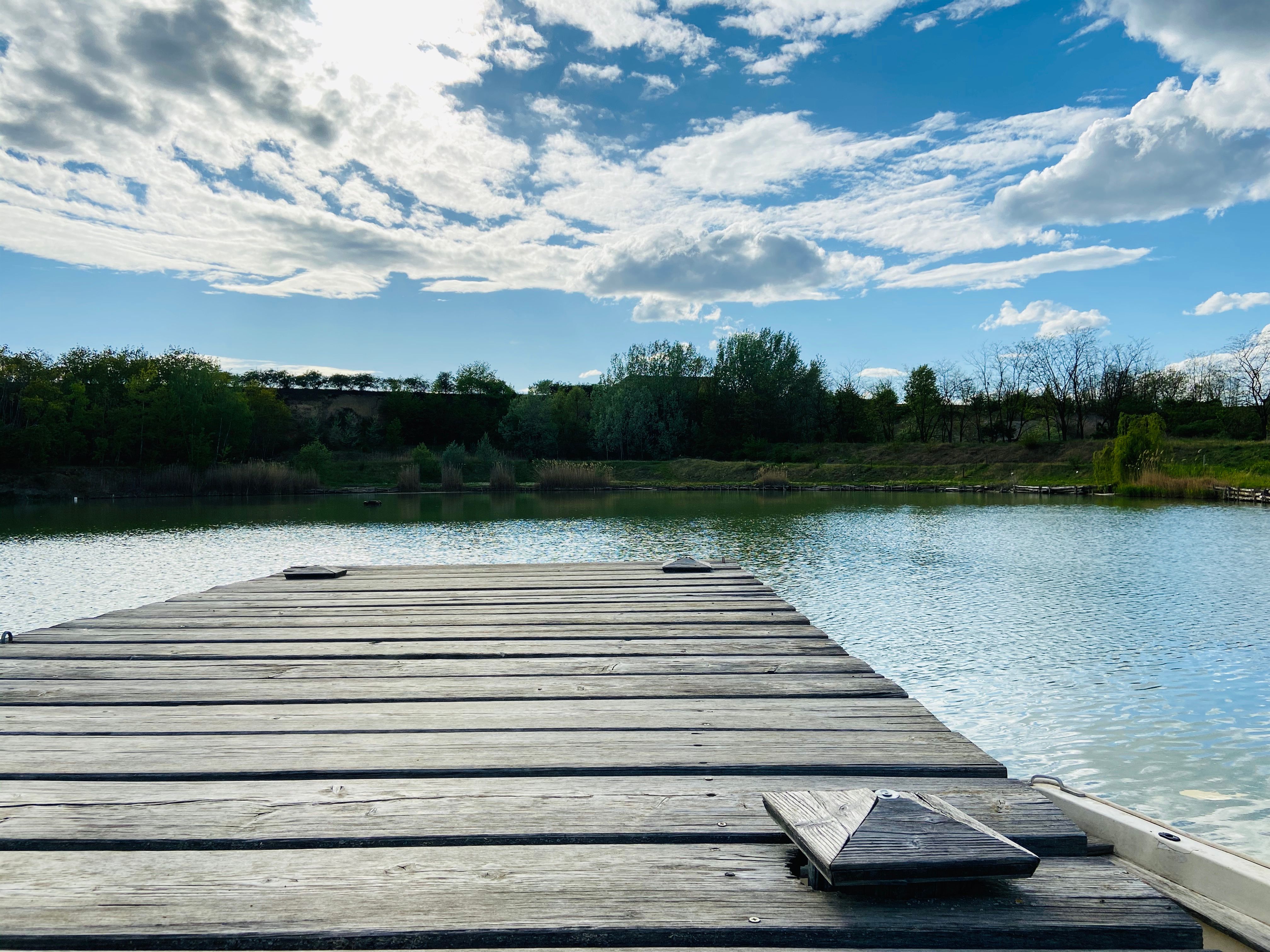 Wooden footbridge at the brick kiln pond in Zellerndorf, surrounded by trees and a blue sky with clouds.